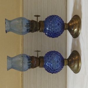 Vintage Mini Cobalt Blue Hobnail Oil Lamp with Hand Blown Chimney